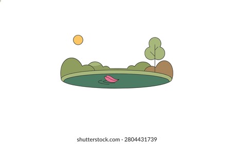 Small pink paper boat floating gently on the calm green water of a peaceful pond surrounded by lush nature under a bright yellow sun.