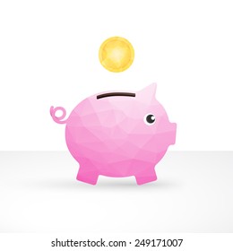 small pink pig as a money box and coin