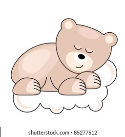 Small pink pretty bear sleeping on a cloud