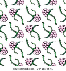 Small Pink Raspberries. Seamless pattern. Color berries. Hand-drawn flat image of food, vegetables and fruits. Design of candies and sweet dessert . Vector illustration on a white background.