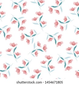 small pink seamless flowers pattern. Delicate petals and vibrant blossoms create an artistic and vintage botanical illustration. Perfect for wallpaper, fabric, wrapping paper and more.