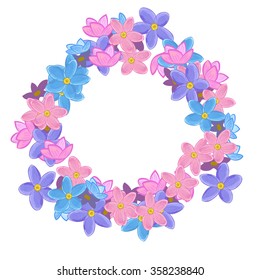 Small pink, violet and blue Flowers arranged in a shape of round wreath. Forget-me-not