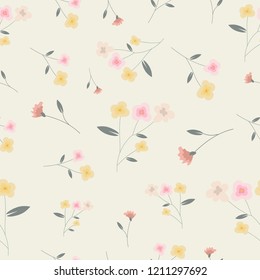 small pink and yellow seamless flowers pattern. Delicate petals and vibrant blossoms create an artistic and vintage botanical illustration. Perfect for wallpaper, fabric, wrapping paper and more.