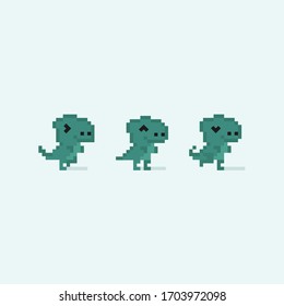 Small pixel dinosaurs running with happy faces. Lovely retro video games characters