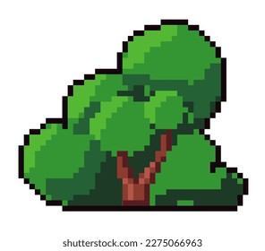 Small pixel tree or bush with twigs and branches, greenery and leaves. Forest or woods play natural scene or setting. Pixelated isolated icon for 8 bit game, retro design. Vector in flat style