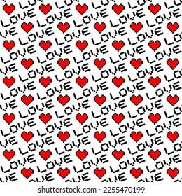 Kleine verpixelte rote Herzen und schwarze Wörter Liebe einzeln auf weißem Hintergrund. Nahtloses Schnittmuster. Vektorgrafik, einfache flache Grafik. Einziger Gegenstand auf weißem Hintergrund. Isolieren.
