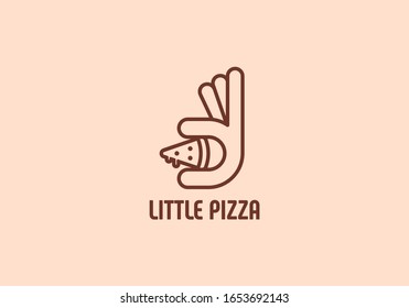 Small pizza logo. Hand with a little pizza. Logotype for pizza restaurant or cafe.