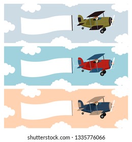 Small plane with a advertising banner waving. Vector illustration in 3 different styles.