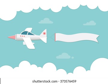 Small plane carrying a banner. Flat vector illustration for banners