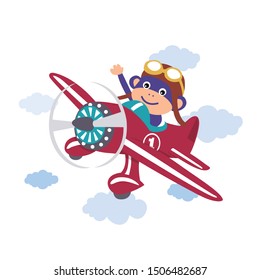 Small plane with cute monkey pilot. Childish illustration.
