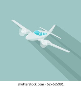 Small Plane Flat Design Vector Illustration. Twin Engine Propelled Aircraft. 