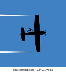 un pequeño avión vuela a través del cielo con un hombre cayendo sobre su ala