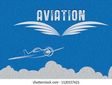 A small plane flying over some clouds with the word Aviation and some wings. 