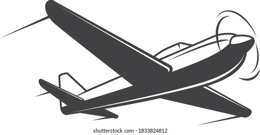 Small plane illustration. Single engine propelled aircraft. Turbo private airplane in black and white.