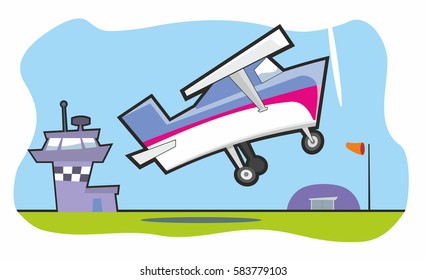 Small Plane with Single-engine Propeller Takes Off from Airfield - cartoon illustration