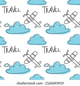 Small Plane In The Sky Among Blue Clouds. Vector Seamless Pattern For Children's Products. Outline Drawing Blue And Black Elements On White Background