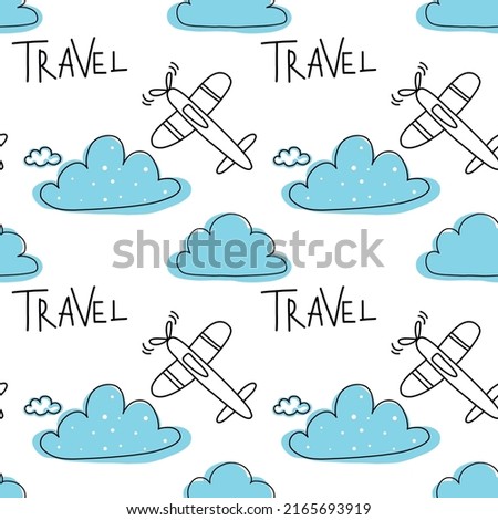 small plane in the sky among blue clouds. vector seamless pattern for children's products. outline drawing blue and black elements on white background