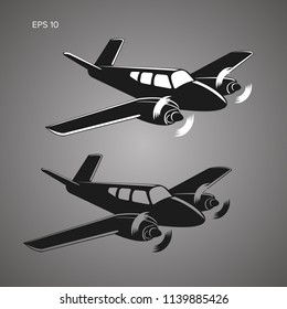 Small plane vector illustration. Twin engine propelled aircraft. Vintage business trip aircraft.