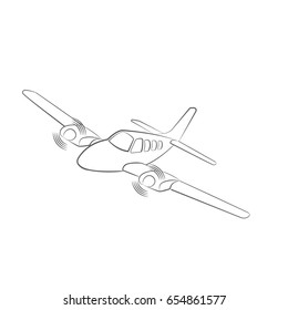 Small plane vector illustration. Twin engine propelled aircraft. Vector illustration. Hand drawn sketch style