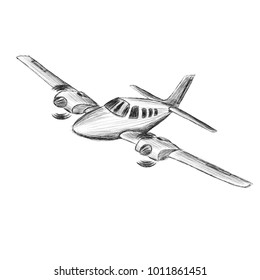 Small plane vector sketch. Hand drawn twin engine propelled aircraft. Air tours wehicle silhouette.