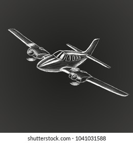 Small plane vector sketch. Hand drawn twin engine propelled aircraft. Air tours wehicle silhouette.