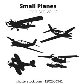 Small planes vector illustration set. Single engine propelled aircraft. Vector illustration. Icon. Turboprop private planes