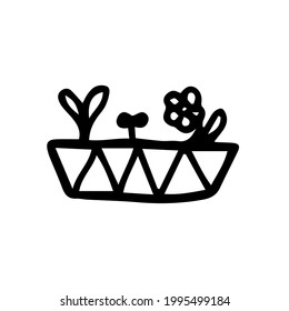 small plant in earthenware, cartoon vector and illustration, black and white, hand drawn, sketch style, isolated on white background.