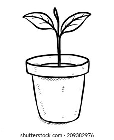 small plant in earthenware / cartoon vector and illustration, black and white, hand drawn, sketch style, isolated on white background.