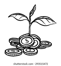 Small Plant Grow From Coin Stack / Cartoon Vector And Illustration, Black And White, Hand Drawn, Sketch Style, Isolated On White Background.