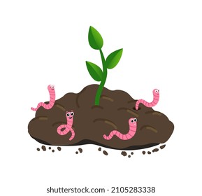 Small plant growing in the ground and Earthworm. Worm and young green plant. Vector illustration in flat style, isolated on a white background.