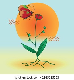Small plant growing on field and butterfly flying around flower, Sun and day background vector illustration.