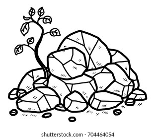 small plant in heap of stone / cartoon vector and illustration, black and white, hand drawn, sketch style, isolated on white background.