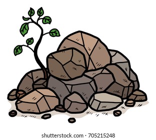 small plant in heap of stone / cartoon vector and illustration, hand drawn style, isolated on white background.