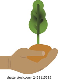 A small plant holding in hand with clay roots. One leaf plant growing in hand vector art illustration design