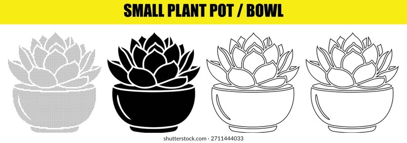 Pequeña Ilustración vectorial de tazón de olla de planta. Colección de suculentos íconos de plantas. Hermosa maceta para la decoración del hogar. Envase botánico de la planta del hogar. Artículo de jardinería interior.