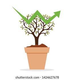 Small plant in pot shaped like the growing graph. Vector.