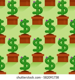 A small plant in a pot shaped like a dollar sign pattern. seamless vector background.