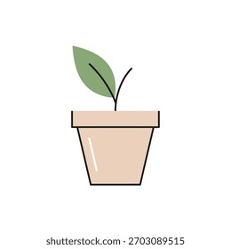 Una Pequeña planta con una sola hoja brota de una maceta beige sobre un fondo blanco.