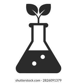 A small plant sprouts from a flask filled with dark liquid solution, symbolizing growth and science