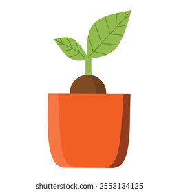 a small plant with two green leaves sprouting from a brown seed in an orange pot, ideal for botanical themes
