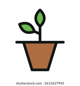 Small plant with two green leaves growing in a brown pot, depicted in a simple, stylized illustration.
