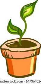 A small plant with two leaves in a orange pot, vector, color drawing or illustration.
