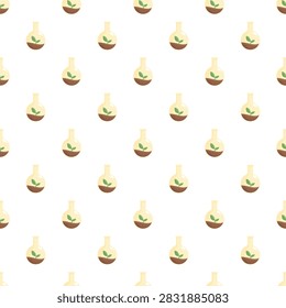 Small plants growing in individual laboratory flasks creating a repeating pattern