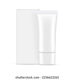 Small Plastic Cosmetic Tube With Cardboard Packaging Box Mockup, Front View, Isolated on White Background. Vector Illustration