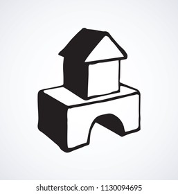 Small plastic kit set on white paper backdrop. Freehand outline black color ink hand drawn logic design object logotype emblem sketchy in modern art doodle cartoon style. Close up with space for text