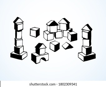 Small plastic kit set on light paper backdrop. Freehand outline black color ink hand drawn logic design object logotype emblem sketchy in modern art doodle cartoon style. Close up with space for text