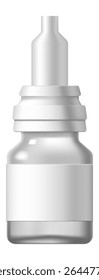 Small plastic medical bottle containing eye drops or nasal spray standing on a white background is depicted with blank label for adding text