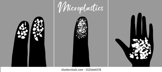 Small Plastic Pellets On The Finger. Black And White Illustration. Microplastic. Ocean Pollution Ecology Problem. Environmental Human Impact On Nature Vector Flat Concept