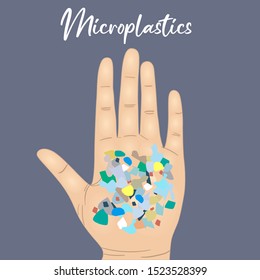 Small Plastic pellets on the hand. Microplastic. Ocean pollution ecology problem. Environmental human impact on nature vector flat concept. Health risk of micro plastic pieces in food