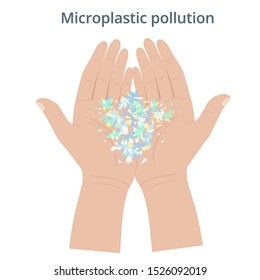 Small Plastic pellets on the hands. Microplastic. Ocean pollution ecology problem. Health risk of micro plastic pieces in food. Isolated  vector illustration on white background